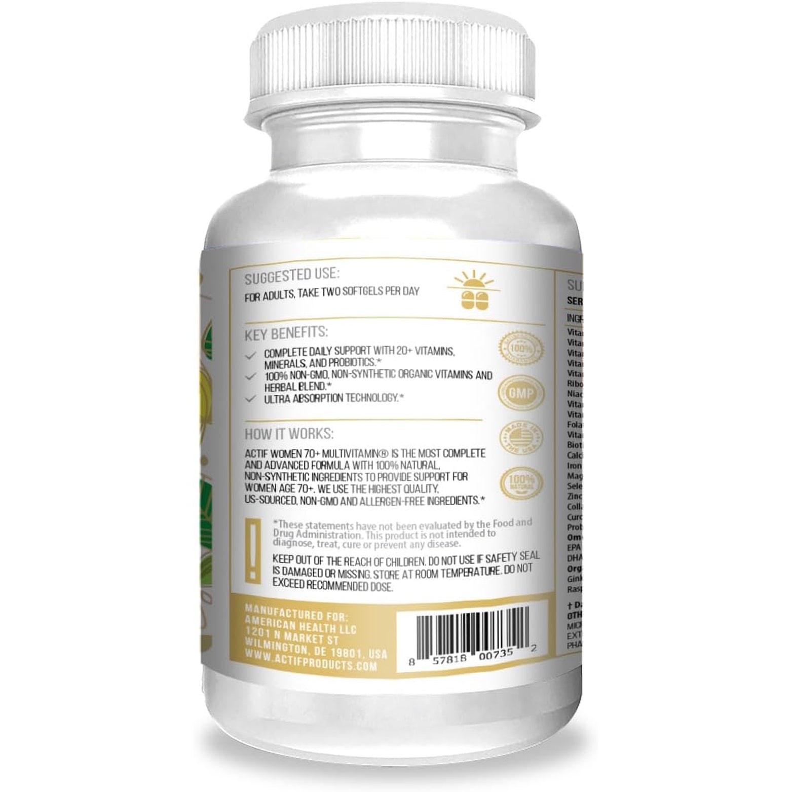 ACTIF Organic Multivitamin for Women Age 70+ with 20+ Advanced Factors and Omega-3, Non-Gmo, Made in USA, 90 Count