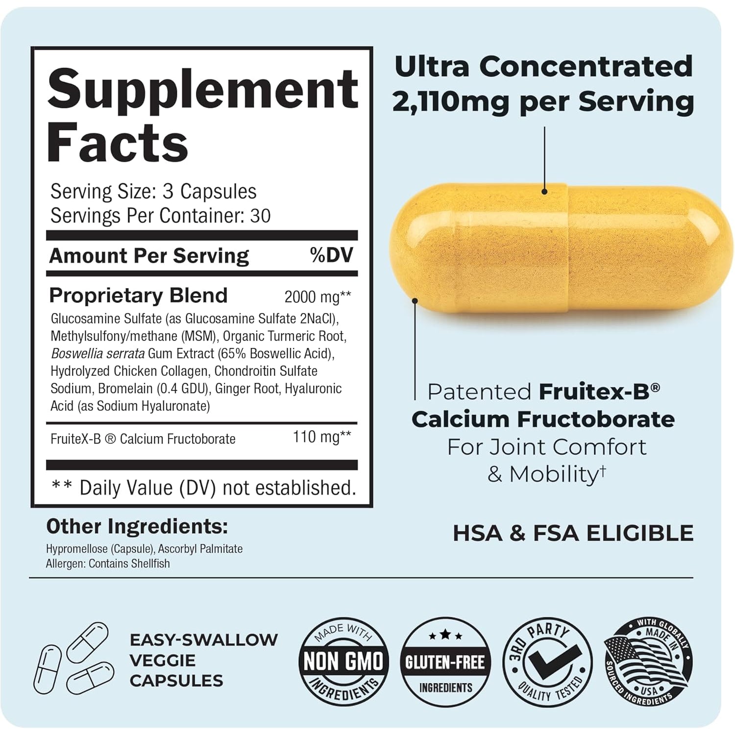 Glucosamine Chondroitin MSM Joint Support Supplement - Collagen Peptides, Turmeric and Ginger, Hyaluronic Acid, Glucosamine Chondroitin Sulfate for Joint Comfort - Gluten Free, Non GMO, 90 Capsules