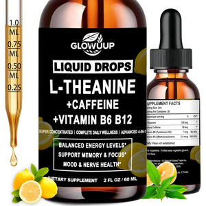 L-Theanine Supplement with Caffeine, Organic Liquid Caffeine 50Mg W. L-Theanine 100Mg, Vitamin B12 B6 for Focused Energy, Alertness & Recess Mood, Nootropic Brain Drops for Women & Men丨30 Days Supply
