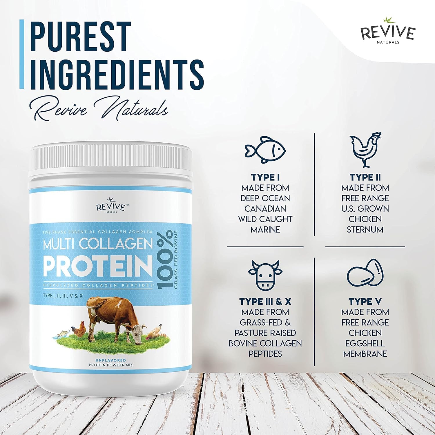 Revive Naturals Multi Collagen Hydrolyzed Protein Powder (16Oz) - Types I, II, III, V & X - Grass Fed Bovine, Wild Caught Marine, Free Roaming Chicken & Eggshell Collagen Peptides,