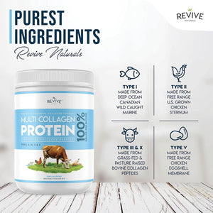Revive Naturals Multi Collagen Hydrolyzed Protein Powder (16Oz) - Types I, II, III, V & X - Grass Fed Bovine, Wild Caught Marine, Free Roaming Chicken & Eggshell Collagen Peptides,