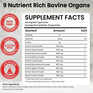 Beef Organ Supplement for Women | Grass Fed Beef Organs Liver Supplement | 9 Nutrient Rich Bovine Organs | Raised on New Zealand & Australian Pastures | No Fillers | Great Taste | 60 Gummies