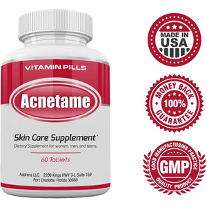 Acnetame Acne Pills- Vitamin Supplements for Acne Treatment- Natural Clear Skin from Hormonal Cystic Pimples- Oily Skin Vitamins Pill for Women, Teen, Men, & Adults 60 Tablets