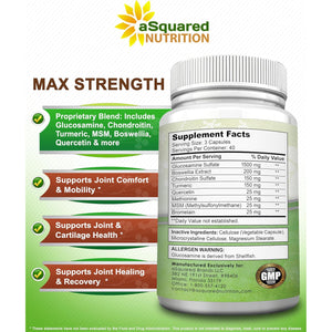 Asquared Nutrition Glucosamine Chondroitin Turmeric MSM Boswellia - 120 Capsules - Joint Support Supplement - Joint Support Relief Pills for Health - Natural Supplement for Back, Knee & Hands