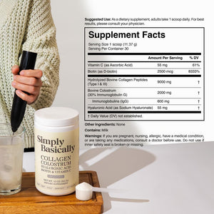 Colostrum & Collagen Peptides Powder with Biotin, Hyaluronic Acid & Vitamin C | Gut Health & Bloating, Immune Support, Hair, Skin & Nails Supplement | Unflavored | 30 Servings