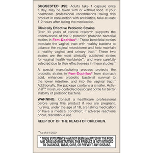 Jarrow Formulas Fem-Dophilus Vaginal Probiotics 1 Billion CFU with 2 Science-Backed Strains, Dietary Supplement for Vaginal & Urinary Tract Support, 60 Capsules, 60 Day Supply, Shelf-Stable Probiotics
