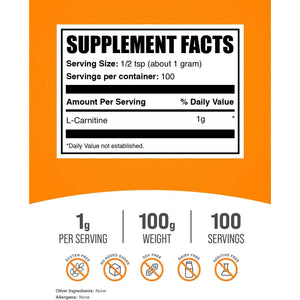 Bulksupplements.Com L-Carnitine Powder - Carnitine Supplement, Amino Acid Supplement - Unflavored & Gluten Free, 1G per Serving, 100G (3.5 Oz) (Pack of 1)