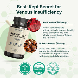 VINATURA Red Vine Leaf Extract - Horse Chestnut, 1300Mg/Serving *USA Made and Tested* Circulation and Vein Support for Healthy Legs - Helps Blood Flow, Leg Circulation - 60 Capsules (30 Servings)