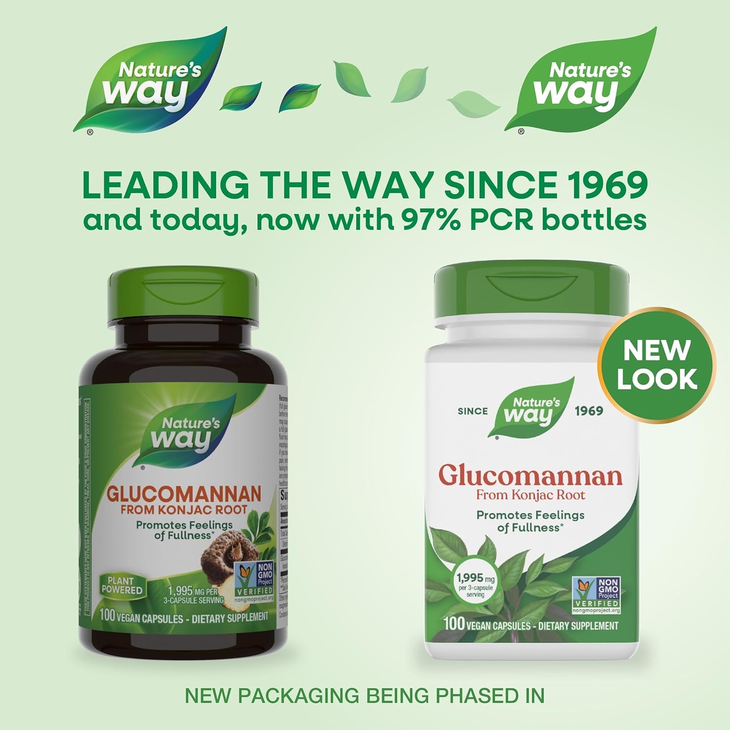Nature'S Way Herbal Glucomannan from Konjac Root Capsules, Promotes Feelings of Fullness*, 1,995 Mg per 3-Capsule Serving, Non-Gmo Project Verified, Vegan, 100 Capsules (Packaging May Vary)