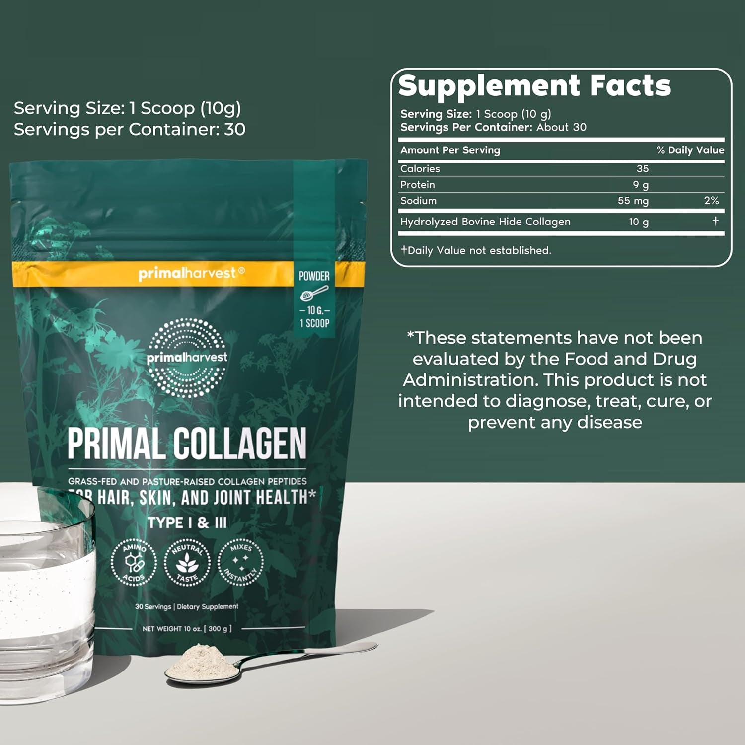 Primal Harvest Collagen Powder for Women or Men Primal Collagen Peptides Powder Type I & III, 10 Oz Collagen Protein Powder for Hair, Skin, Nails (Single, Original)