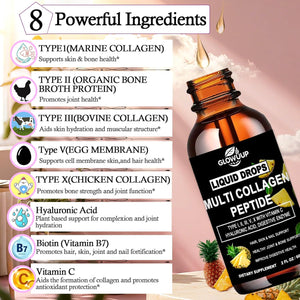 Multi Collagen Peptides Liquid Drops for Women & Men-Type I, II, III, V, X丨Hydrolyzed Collagen Peptides, Collagen Proteins W. Hyaluronic Acid, Biotin & Vitamin C for Hair Skin & Joint Gut Health