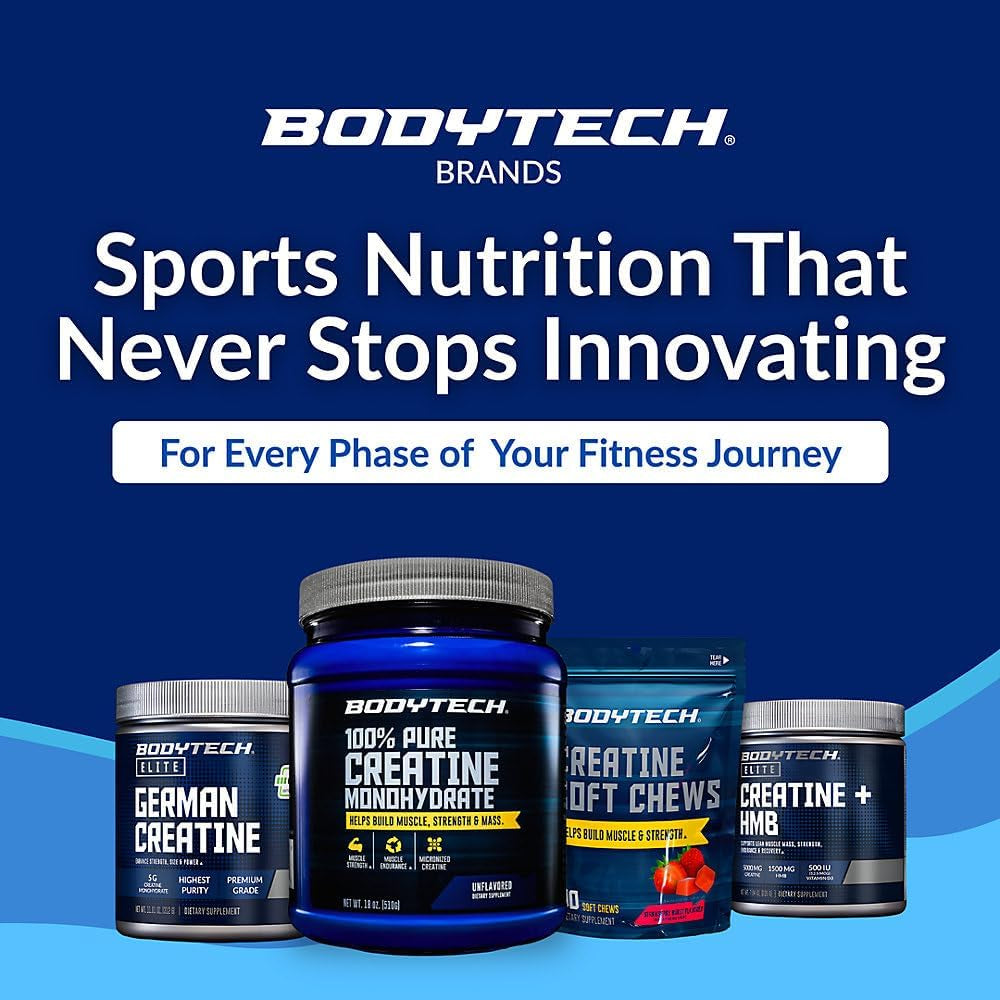 Bodytech Creatine Monohydrate Powder, Unflavored Micronized Creatine Formula for Men and Women, 5G per Serving, Pre Workout & Post Workout Supplement, Gluten Free, Sugar Free, 18 Oz, 102 Servings