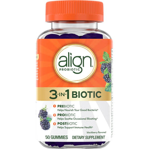 Align Probiotic, 3-In-1 Biotic Gummies, Prebiotic + Probiotic + Postbiotic, #1 Doctor Recommended Probiotic Brand‡, Helps Relieve Occasional Bloating*, Blackberry Flavor, 50 Gummies