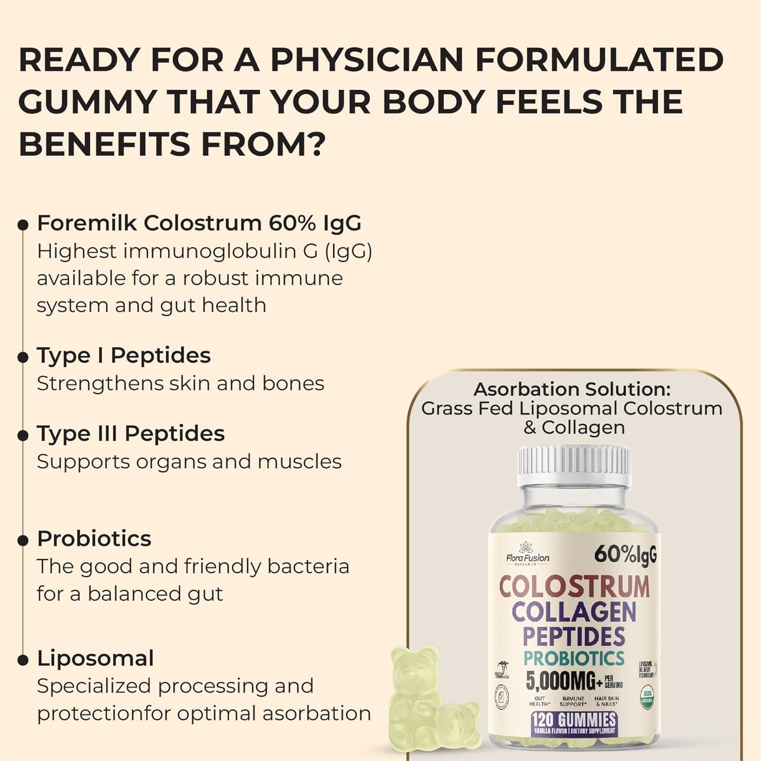 Colostrum Gummies I Collagen Peptides I Probiotics 5000+ Mg W/ 60% Igg I Immunity Support & Gut Health - Liposmal Technology - U.S. Sourced Superfood - Grass-Fed Bovine - 120 Gummies (Vanilla Flavor)