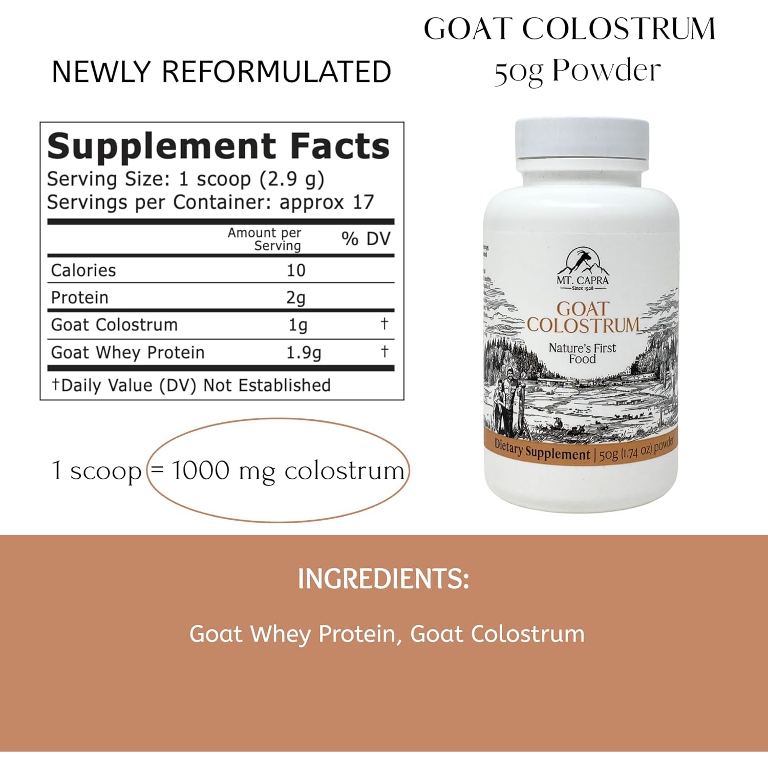Mt. Capra Goat Colostrum | for Healthy Immune System, Gut, and Athletic Performance | Grass-Fed, High in Immunoglobulins | 17 Servings - 50 Grams
