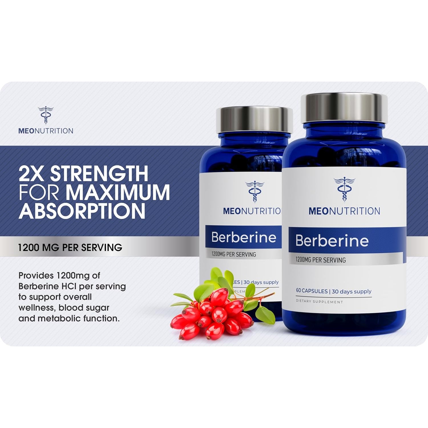 Berberine Supplement 1200Mg HCI - 60 Capsules, 3Rd Party Lab Tested, Non-Gmo, GMP Certified - Supports Metabolic Health & Overall Wellness