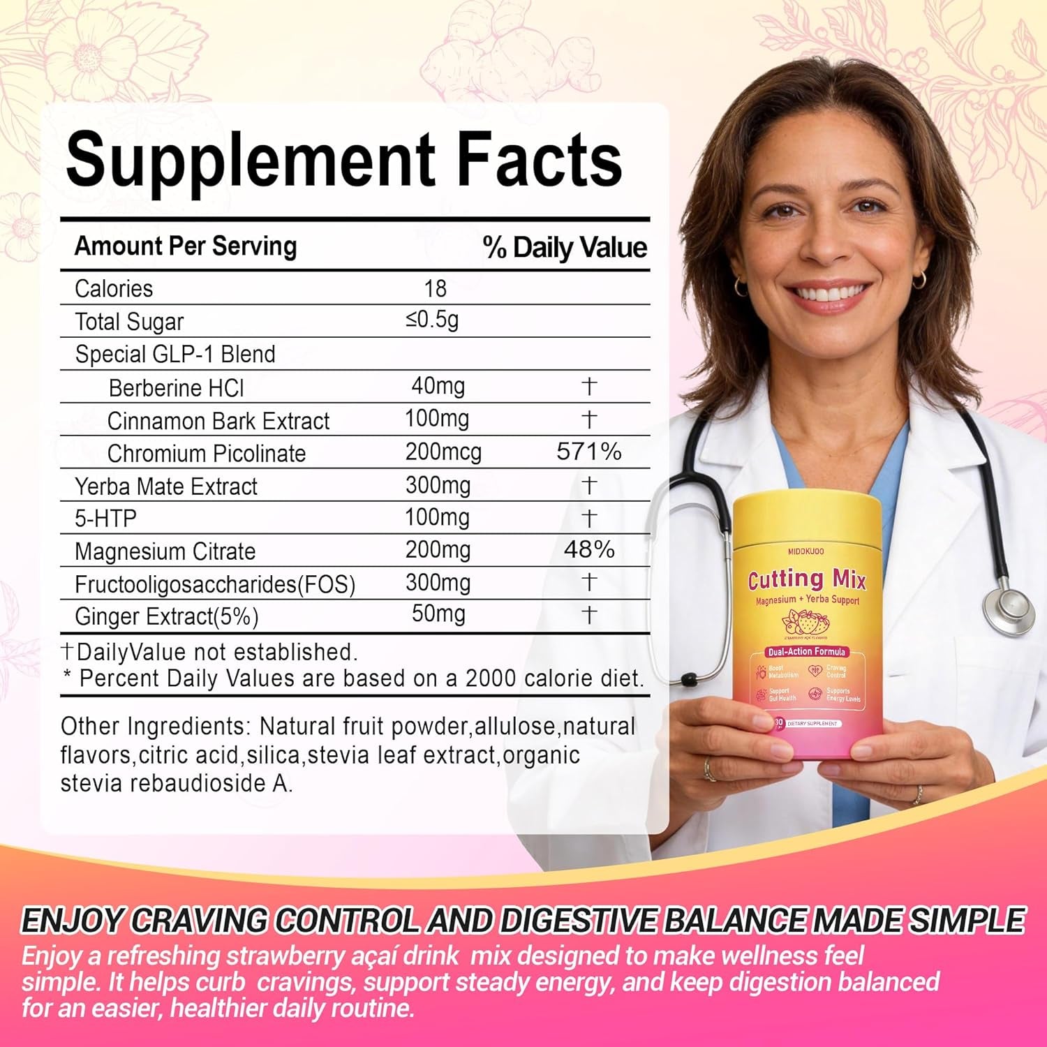 Cutting Drink Mix – Dual-Action Satiety Signaling, Energy & Digestive Health with Berberine, Chromium, FOS, Yerba Mate & 5-HTP | Vegan, Sugar-Free, Non-Gmo - 30 Sticks
