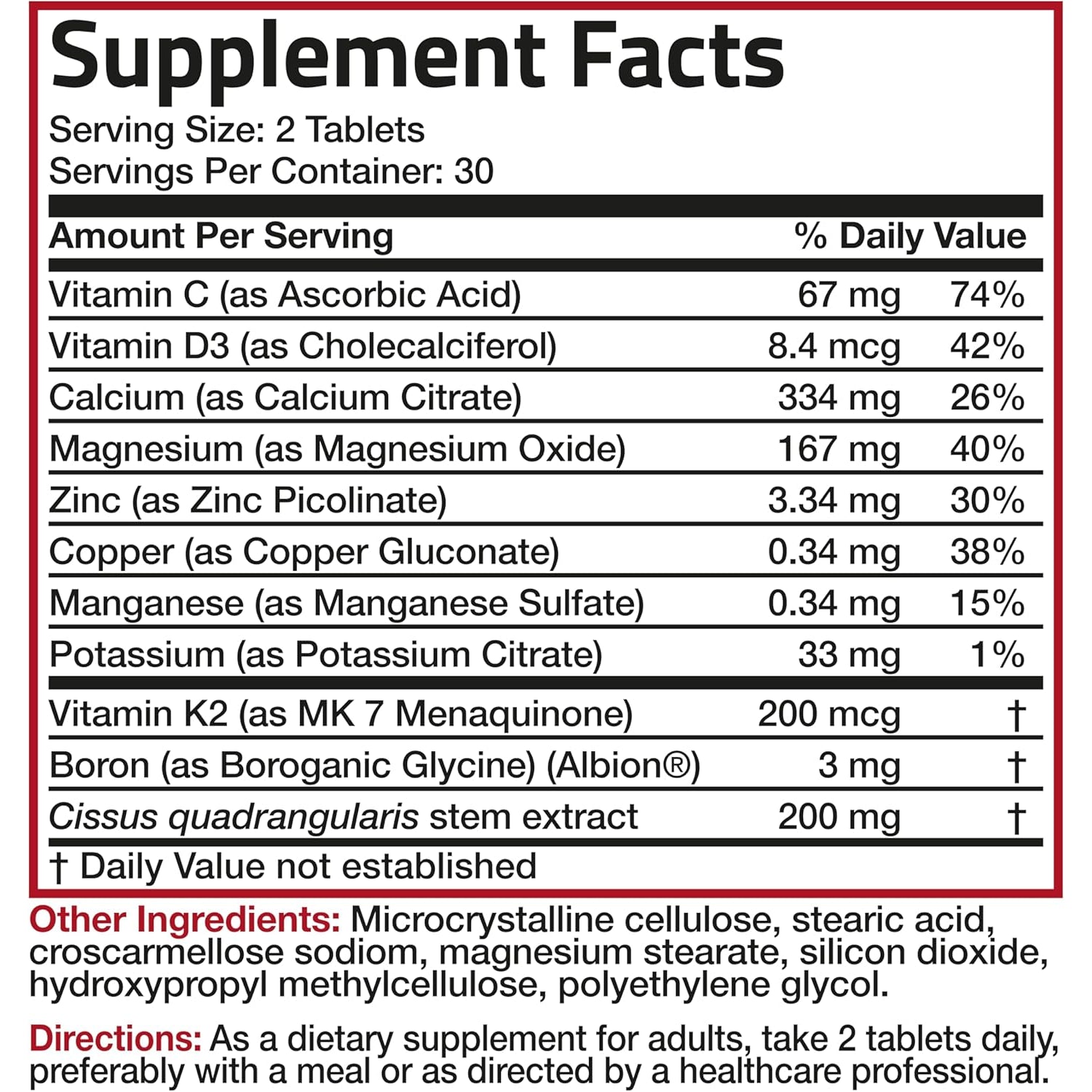 Bronson Bone Health & Strength Complex* High Potency Formula 200 MCG of Vitamin K2 as MK7, plus Calcium, Boron, Cissus Quadrangularis, Magnesium, Vitamin D3, and More - Non-Gmo, 60 Tablets