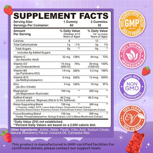 Saffron Gummies for Kids & Adults, 20-In-1 Saffron Supplements with 88.5Mg Saffron Extract, B6, B12, C, D3, Magnesium for Calm, Focus, Nerve, Sugar Free, Vegan, Non-Gmo - Strawberry Flavor, 60 Counts