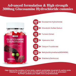 Glucosamine Chondroitin Gummies - 3000MG Extra Strength Joint Support Supplement with MSM & Elderberry, Flexibility, Antioxidant Immune Support Gummy for Adults, Men & Women - 90 Raspberry Gummies