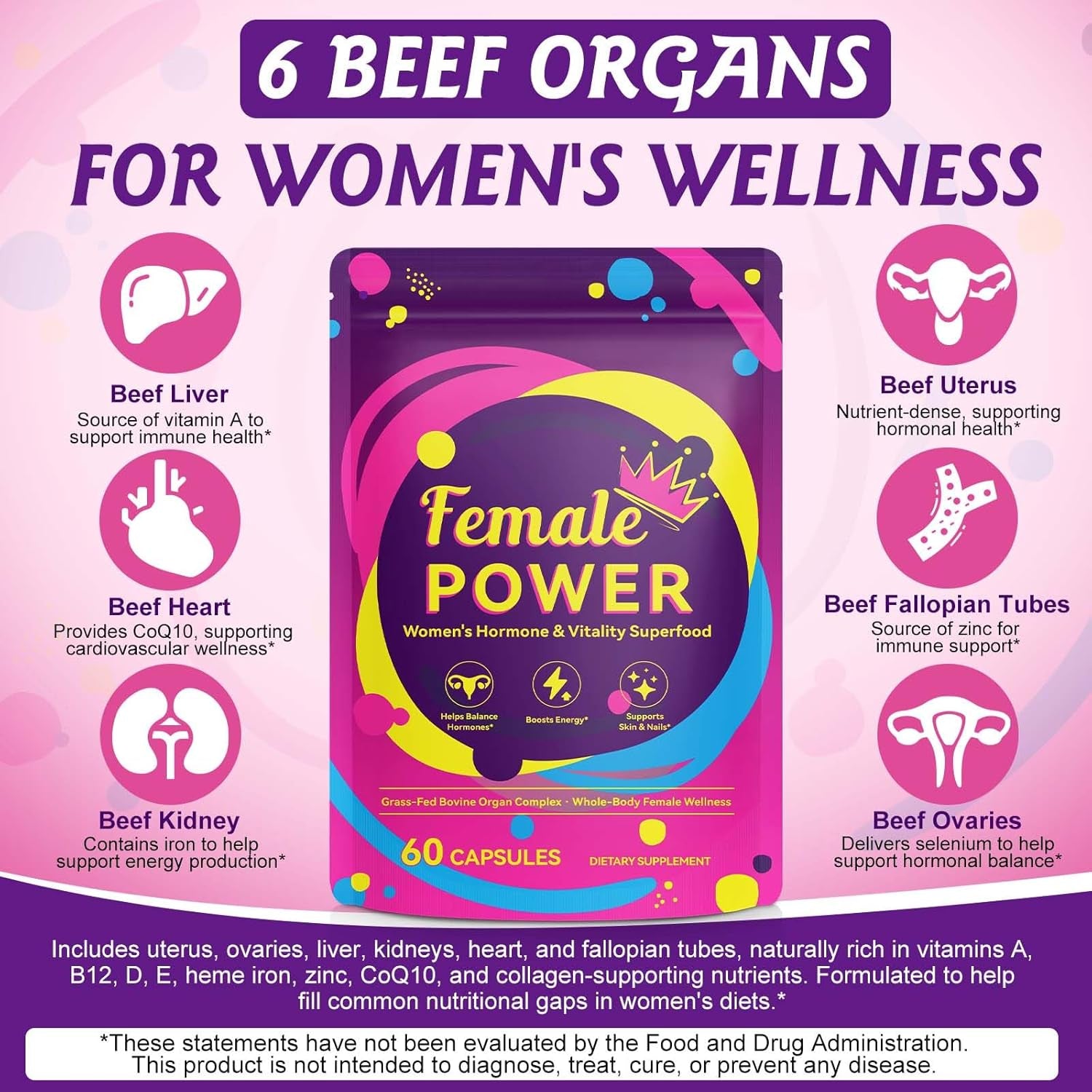 Hormone Balance for Women, Female-Optimized Beef Organ Superfood Supplement for Women, PMS Support Supplement, Grass Fed Beef Liver Capsules, Balance Hormones, Energy, Menstrual, Pmdd,Skin Care