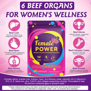 Hormone Balance for Women, Female-Optimized Beef Organ Superfood Supplement for Women, PMS Support Supplement, Grass Fed Beef Liver Capsules, Balance Hormones, Energy, Menstrual, Pmdd,Skin Care