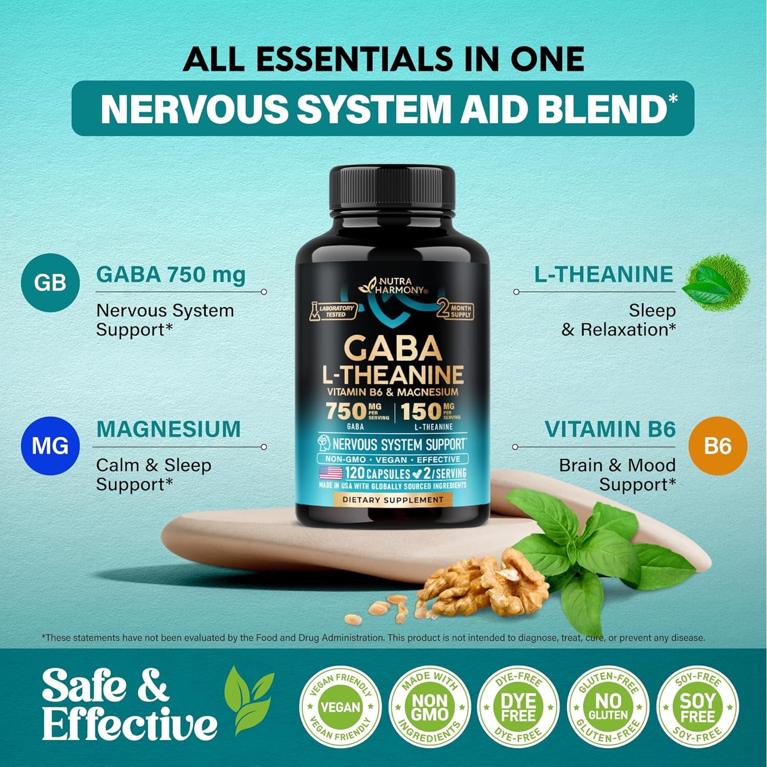 GABA L-Theanine 900 Mg - Magnesium | Vitamin B6 - Calm, Sleep, Relaxation & Mood Support - Lab Tested - 750 Mg Gamma Aminobutyric Acid, 150 Mg L-Theanine - Non-Habit Forming, Vegan - 120 Capsules