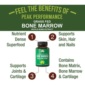 Peak Performance Grass Fed Bone Marrow - Whole Extract Supplement 180 Capsules - Superfood Pills Rich in Collagen, Vitamins, and Amino Acids - from Matrix Cartilage - Ancestral Tablets