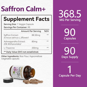 Saffron Supplements with Ashwagandha & L-Theanine - 368.5MG - Mood Balance, Stress Relief & Mental Clarity – Cortisol Support for Women & Men, Made in USA, 90 Vegan Capsules