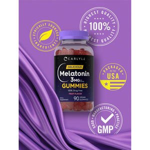 Carlyle Melatonin Gummies 3Mg | 90 Count | Fruit Flavor Gummy Supplement | 100% Drug Free Support | Vegan, Non-Gmo, Gluten Free