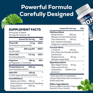 Nootropic Brain Supplement for Memory and Focus – BDNF Optimizer – Cognitive, Mental Clarity & Mood – High Absorption – Organic Lion'S Mane, L-Theanine, Ginkgo Biloba & Alpha GPC – 60 Tablets