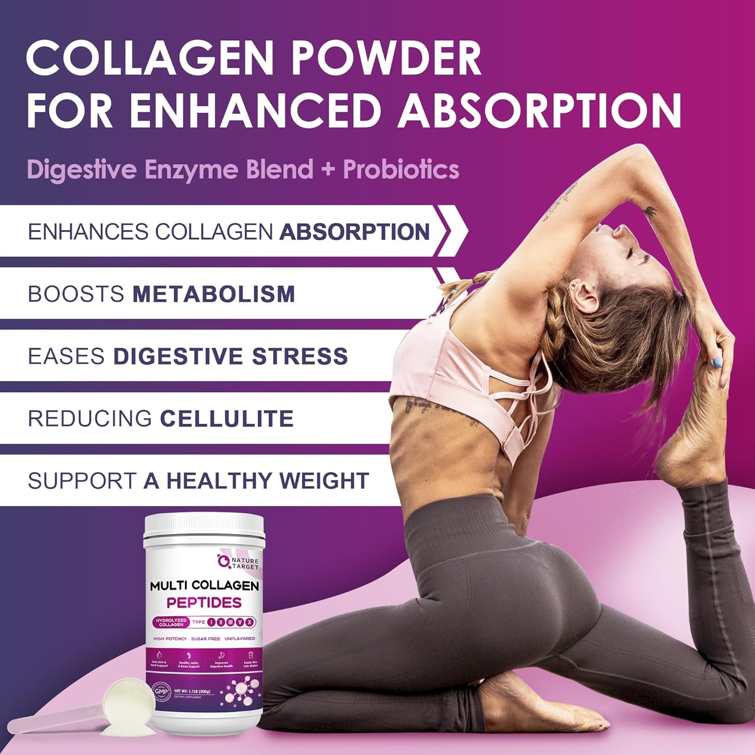 NATURE TARGET Multi Collagen Peptides Powder - Type I, II, III, V, X - Hydrolyzed Collagen Peptides with Vitamin C Hyaluronic Acid, Supports Skin Hair Nail & Joint, Grass-Fed, Non-Gmo, 50 Servings