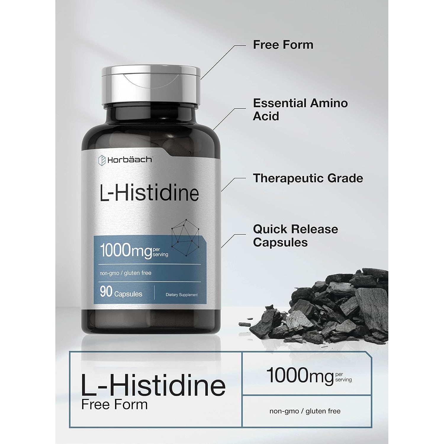 Horbäach L-Histidine 1000Mg 90 Capsules | Non-Gmo and Gluten Free | Pharmaceutical Grade