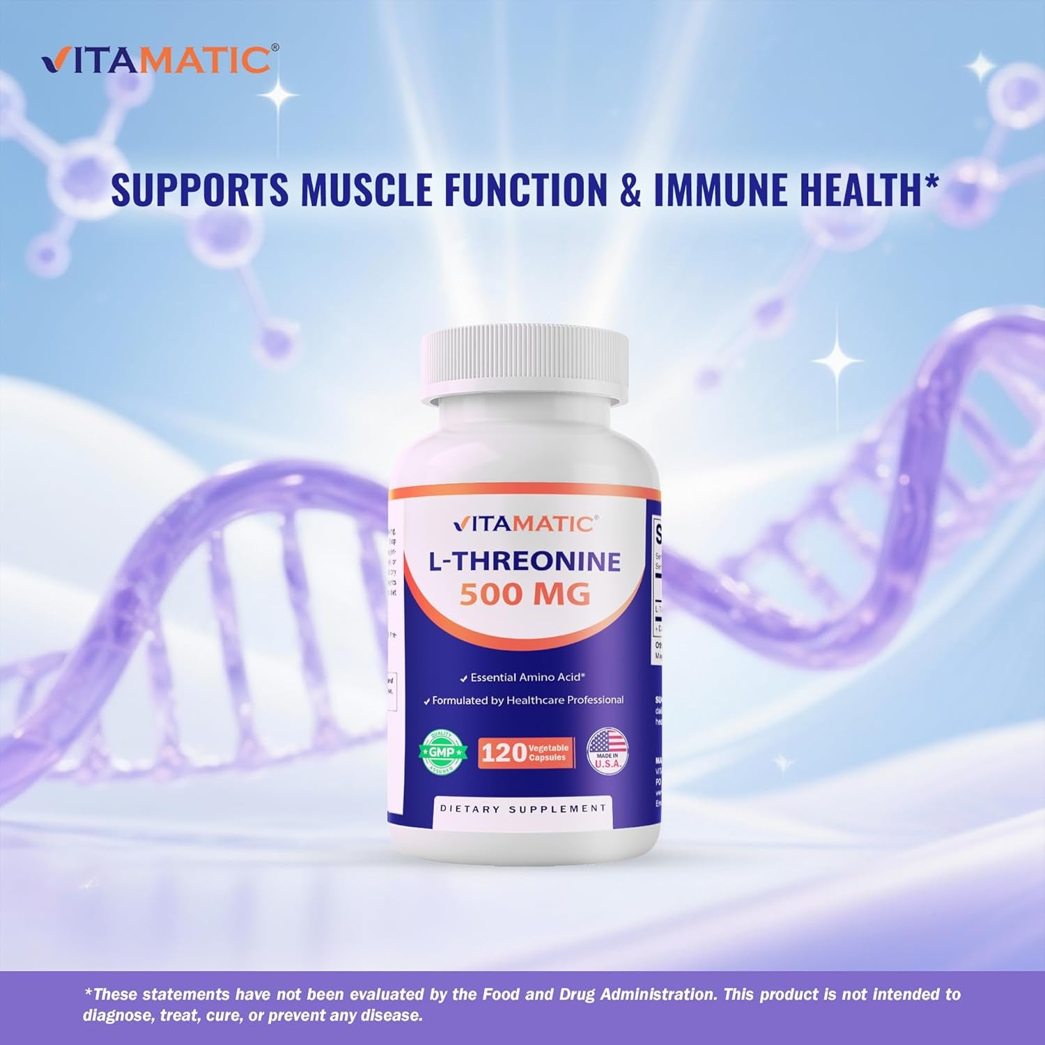 Vitamatic L-Threonine 500Mg – 120 Vegetable Capsules Promotes Healthy Liver, Cardiovascular & Structural Function
