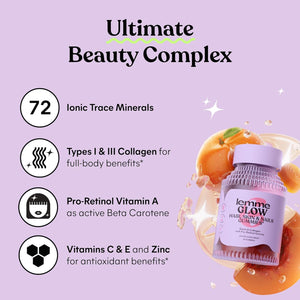 Lemme Glow Collagen Gummies for Thick Hair, Strong Nails & Healthy Skin with Multi-Collagen Peptides, Biotin, Trace Minerals, Zinc, Vitamins A, C & E, Dairy & Gluten Free, Peach Flavor, 60 Ct.