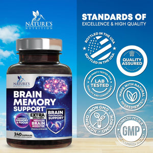 Brain Memory Supplement Pills - 3X Strength Nootropics for Concentration, Clarity & Focus Support - Brain Health Cognitive Vitamins with Bacopa, Phosphatidylserine & DMAE, Brain Booster - 240 Capsules