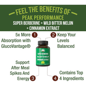 Ultra High Strength 4-In-1 Super Berberine Patented Glucovantage + Wild Bitter Melon + Cinnamon Extract + Chromium Picolinate Vegan Capsules. Great Supplement to Support After-Meal Spikes and Energy