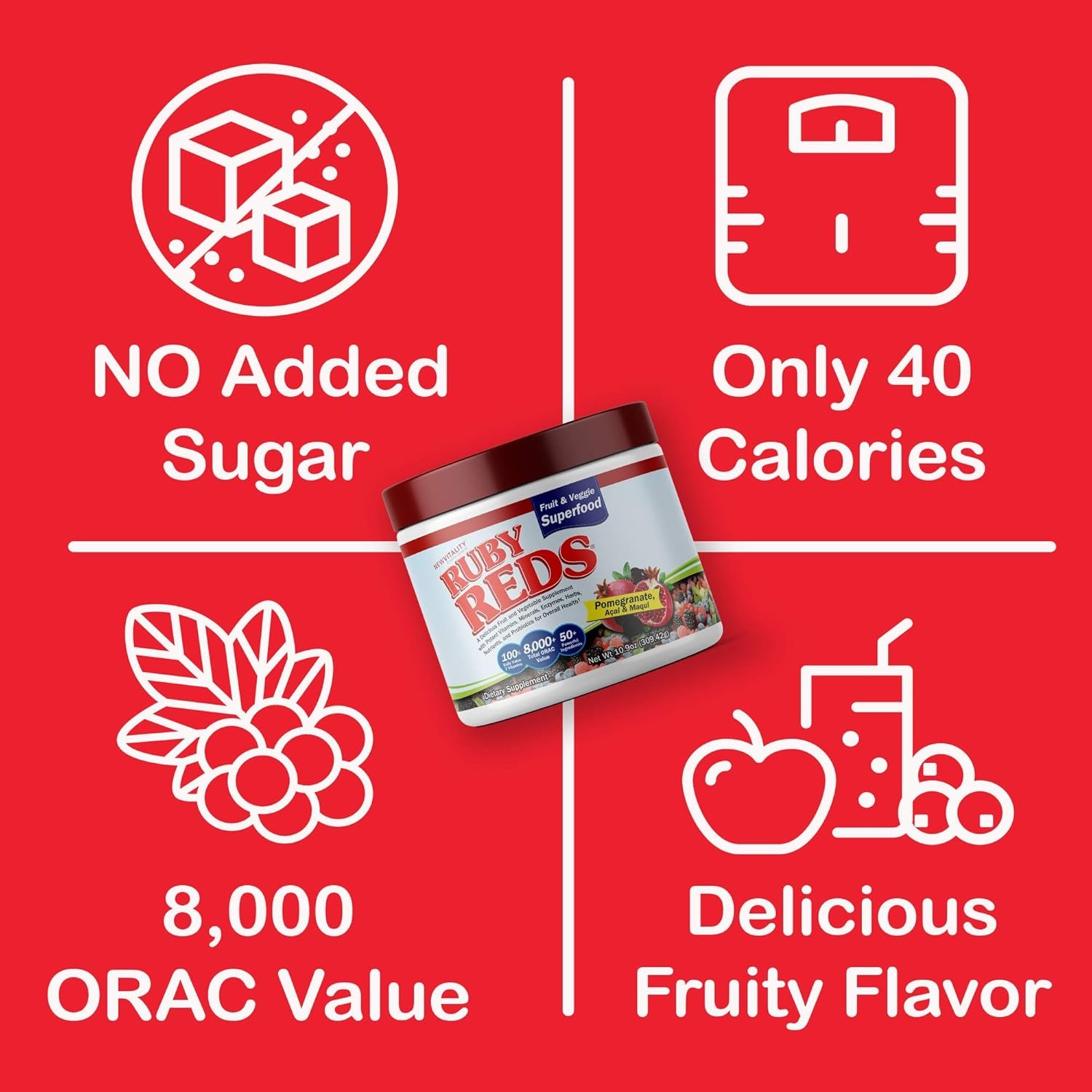 New Vitality Ruby Reds | Delicious Reds Powder Fruit & Vegetable Supplement with Potent Vitamins, Minerals, Enzymes, Herbs, Nutrients and Probiotics for Overall Health 11 Oz. (30 Servings)