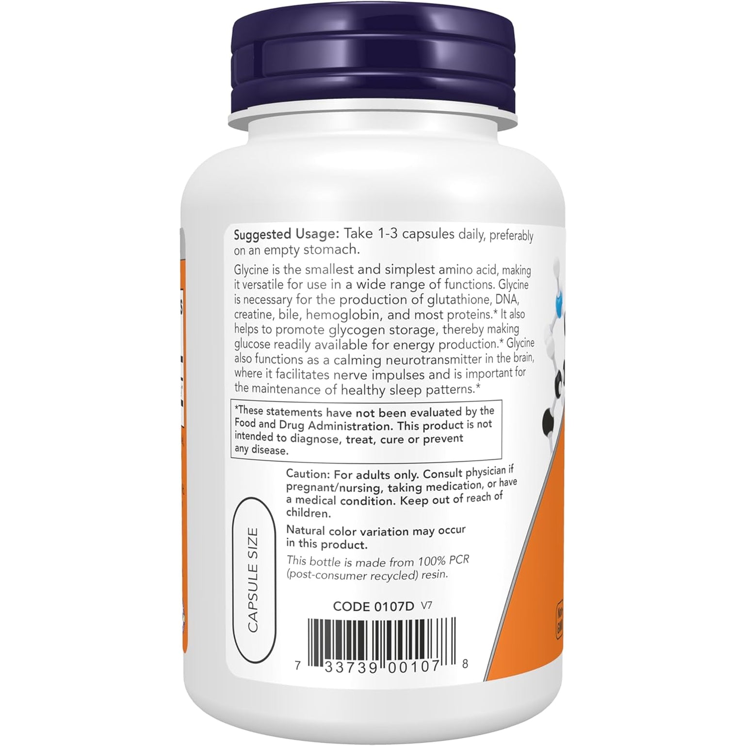 NOW Foods Supplements, Glycine 1,000 Mg Free-Form, Neurotransmitter Support*, 100 Veg Capsules