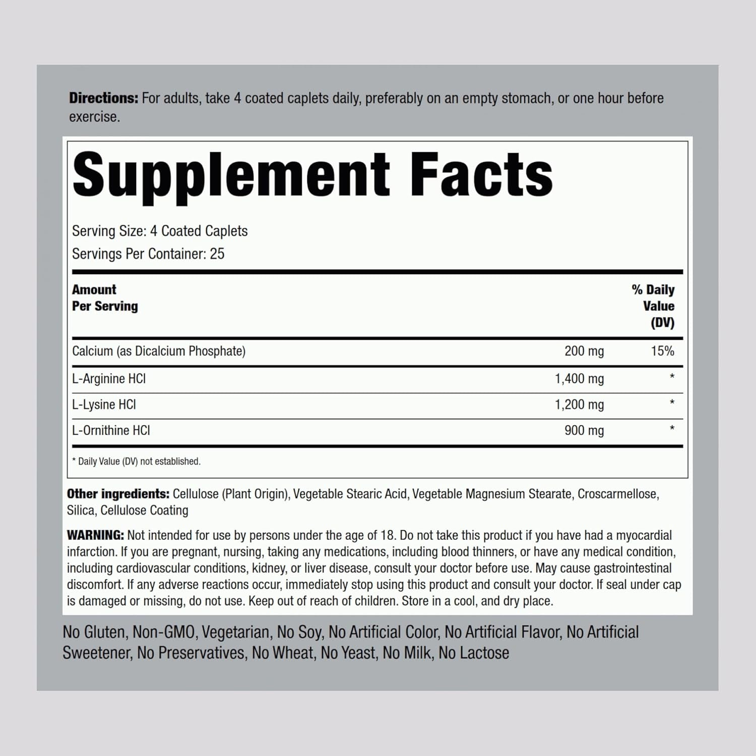 Piping Rock Tri Amino Supplement | 100 Caplets | Complex with L-Arginine, L-Ornithine, L-Lysine | Vegetarian, Non-Gmo, Gluten Free