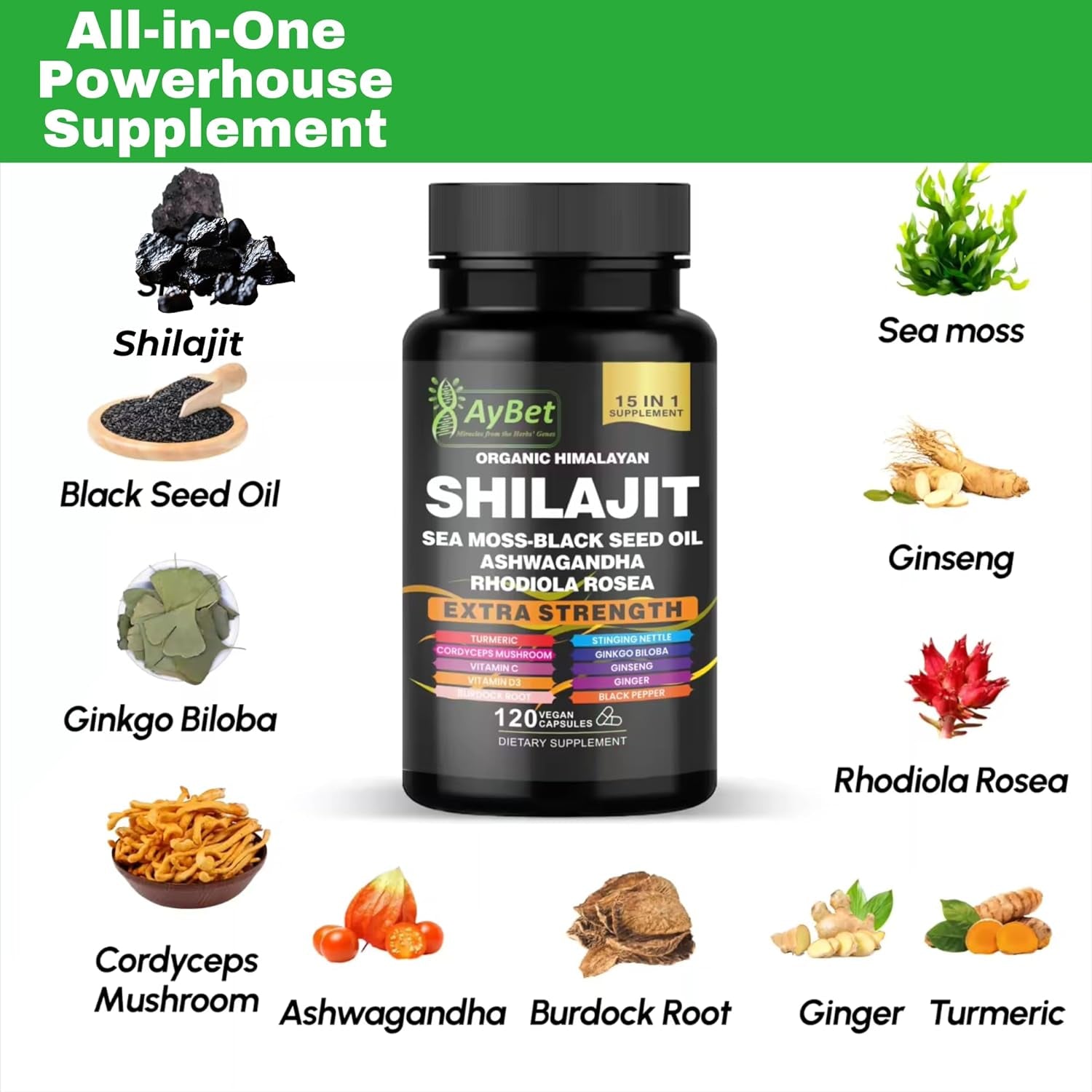 Shilajit for Men and Women-Organic Himalayan Shilajit Capsules with Sea Moss, Black Seed Oil, Ashwagandha, Rhodiola Rosea, Burdock, Cordyceps Mushroom, Ginseng, Turmeric, Ginger, 120 Capsules