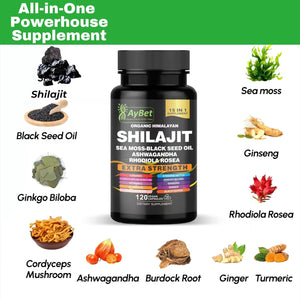 Shilajit for Men and Women-Organic Himalayan Shilajit Capsules with Sea Moss, Black Seed Oil, Ashwagandha, Rhodiola Rosea, Burdock, Cordyceps Mushroom, Ginseng, Turmeric, Ginger, 120 Capsules