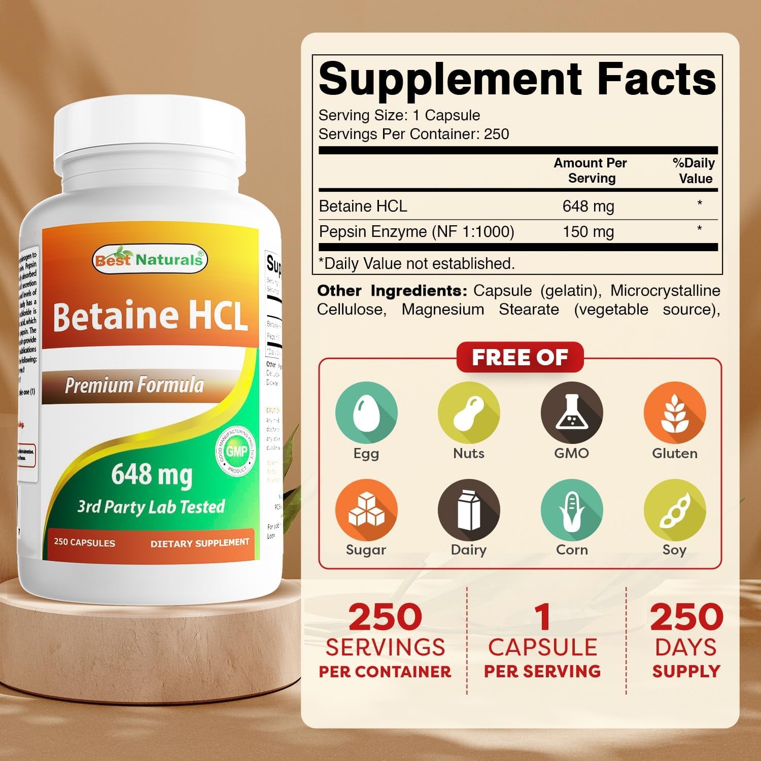 Best Naturals Betaine HCL 648 Mg 250 Capsules