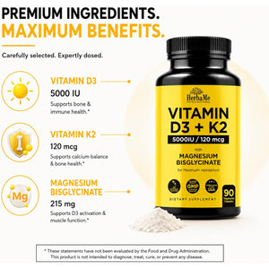 Herbame Vitamin D3 5000 IU + K2 with Magnesium Bisglycinate | Complete D3 Activation & Absorption Support Formula | Bone, Muscle & Immune Wellness | 90 Capsules