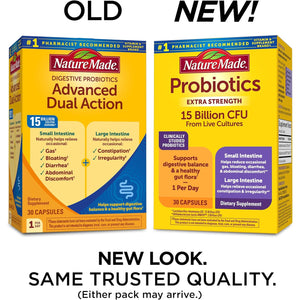 Nature Made Probiotics for Digestive Health Extra Strength 15 Billion CFU from Live Cultures, Probiotics for Women and Men, 30 Probiotic Capsules, 30 Day Supply