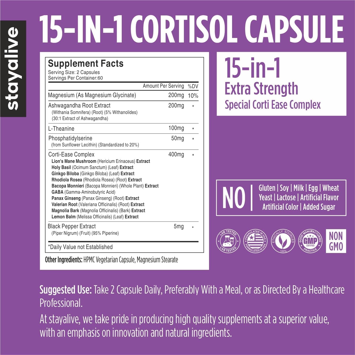 STAY ALIVE Cortisol Manager Supplement 15-In-1 Complex W/L-Theanine, Ashwagandha, Magnesium Glycinate, Phosphatidylserine and More, 120 Veg Capsules, Non-Gmo & Gluten-Free Formula for Women and Men