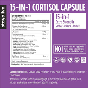 STAY ALIVE Cortisol Manager Supplement 15-In-1 Complex W/L-Theanine, Ashwagandha, Magnesium Glycinate, Phosphatidylserine and More, 120 Veg Capsules, Non-Gmo & Gluten-Free Formula for Women and Men