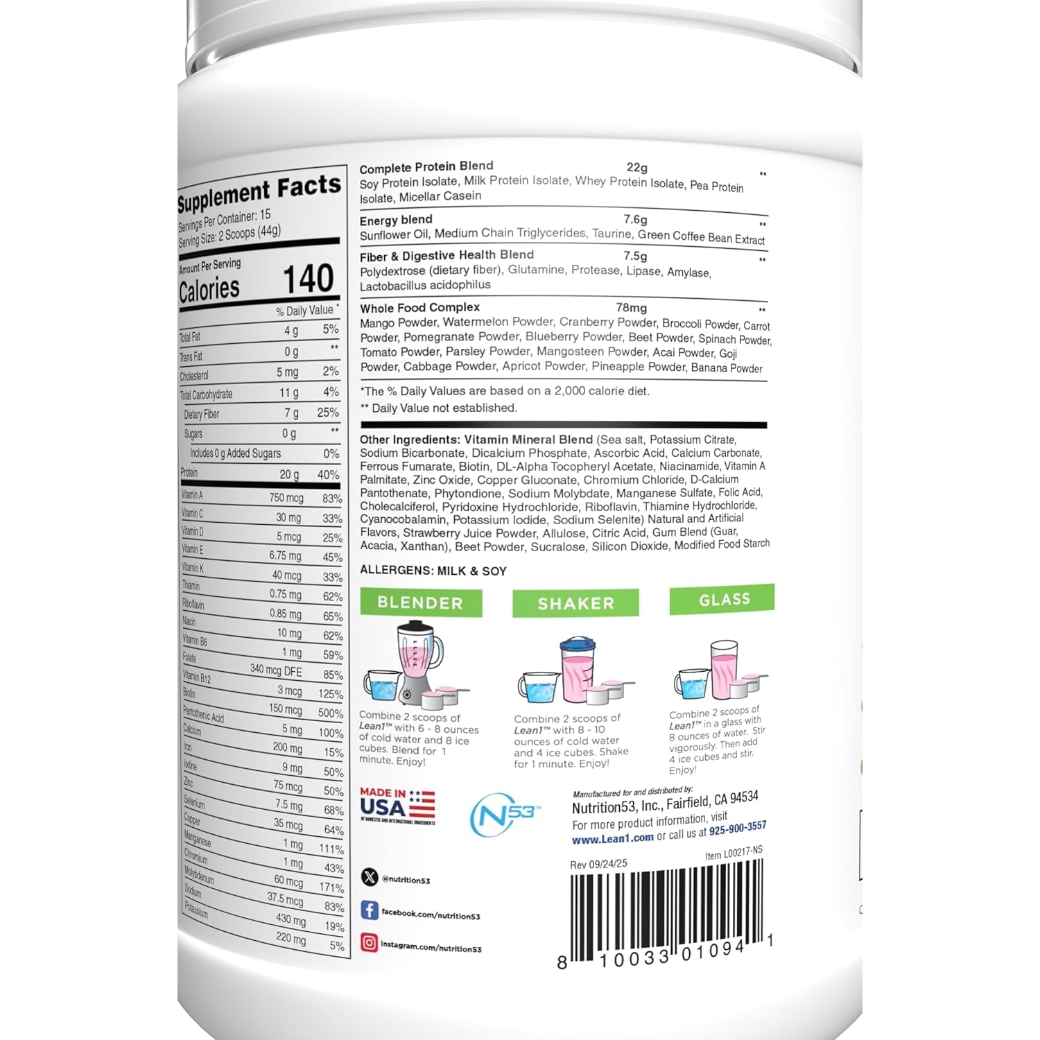 Lean1 Meal Replacement Protein Shake, Strawberry Flavor, 15 Serving Tub