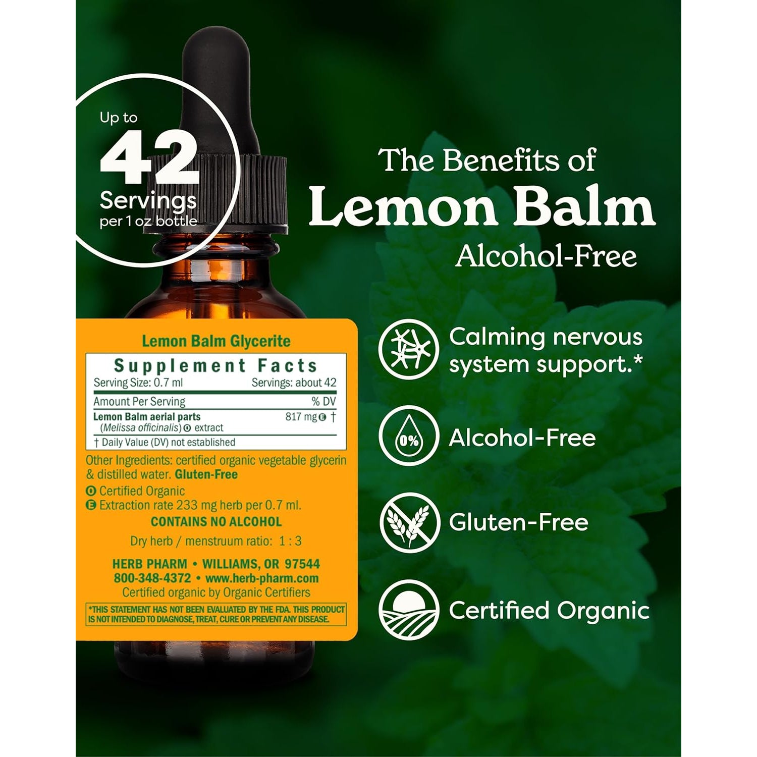 Herb Pharm Lemon Balm, Alcohol-Free: Certified Organic, Nervousness & Over-Excitement Support, Fast-Absorbing & Sugar-Free Calming Extract, Made with Lemon Balm Herb, Liquid Glycerite, 1 Oz