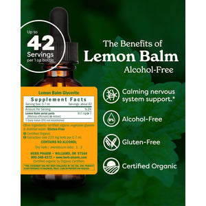 Herb Pharm Lemon Balm, Alcohol-Free: Certified Organic, Nervousness & Over-Excitement Support, Fast-Absorbing & Sugar-Free Calming Extract, Made with Lemon Balm Herb, Liquid Glycerite, 1 Oz
